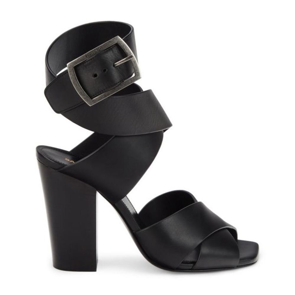 Saint Laurent Oak 100 Buckle Strappy Square Toe Sandal Block Heels Glam Black 36 - Picture 2 of 15